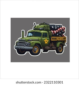 Illustration vector graphic of classic usa army truck, dark back ground, green color.