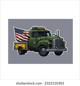 Illustration vector graphic of classic usa army truck, dark back ground, green color.