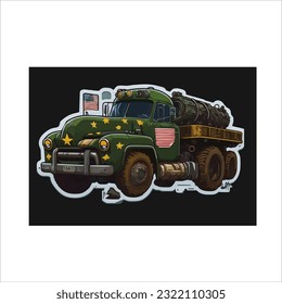 Illustration vector graphic of classic usa army truck, dark back ground, green color.