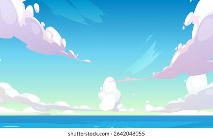 illustration vector graphic of a clear blue sky with white fluffy clouds over calm ocean water. perfect for travel concepts, summer designs, and outdoor-themed projects.