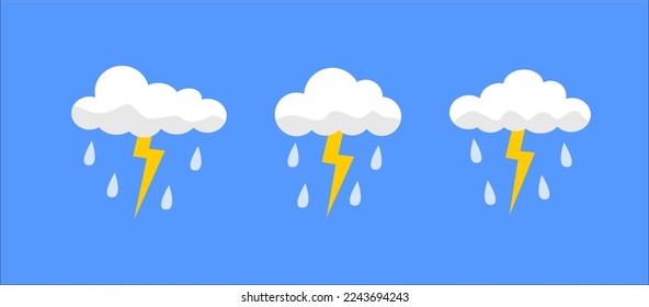 illustration vector graphic of cloud and lightning with raindrops on blue background