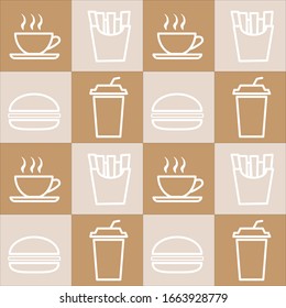 Illustration vector graphic of coffee, french fries, soft drink and burger patern. fit to place on packaging design, culinary event backdrop, food court wallpaper.