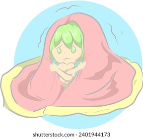 Illustration vector graphic of Cold women covered in blankets or Pussy girl took shelter under the covers, perfect for a health guide, a health illustration