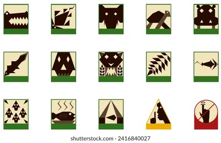 Illustration vector graphic of collection archaeological museum icon pictogram set with geometric flat design style. Perfect for archaeological museum sign system, icon pictogram zoo, pictogram design