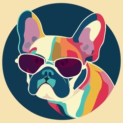 Illustration Vector Graphic Of Colorful French Bulldog Wearing Sunglasses In Circle Isolated Good For Logo, Icon, Mascot, Print Or Customize Your Design