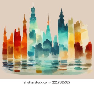 illustration vector graphic of colorful silhouette city skyline on watercolor painting style good for print on postcard, poster or background