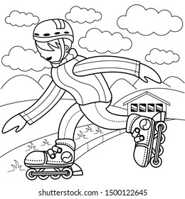 Illustration vector graphic coloring book of boy playing on roller skates