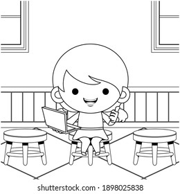 Illustration vector graphic of coloring book for kids. Cute Little Girl Holding Laptop Presentation In Classroom. Good to use for children coloring book
