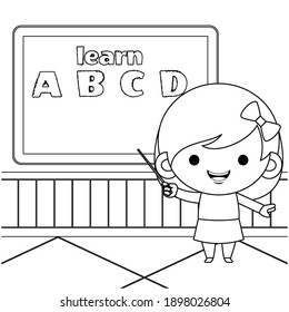 Illustration vector graphic of coloring book for kids. Cute Little Girl Teaching Alphabet Standing In Front Of Chalk Board With A Pointer. Good to use for children coloring book.