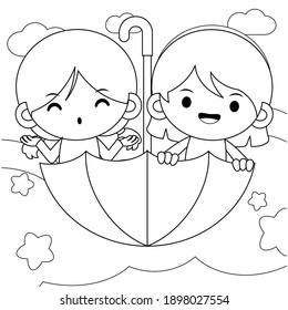 Illustration vector graphic of coloring book for kids. Twins Cute Little Girls Riding Flying Umbrella. Good to use for children coloring book. 