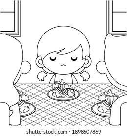 Illustration vector graphic of coloring book for kids. Cute Little Girl Not Want To Eat Vegetables And Her Parents Tries To Persuade Her. Good to use for children coloring book.