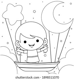 Illustration vector graphic of coloring book for kids. Cartoon Cute Little Girl Riding On Flying Boat At Night Vector. Good to use for children coloring book.