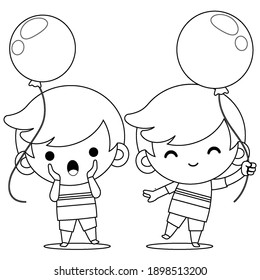 Illustration vector graphic of coloring book for kids. Twins Cute Little Boy Holding Balloon. Good to use for children coloring book.