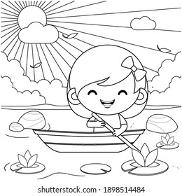 Illustration vector graphic of coloring book for kids. Cartoon Cute Little Girl Riding On Boat At River. Good to use for children coloring book.