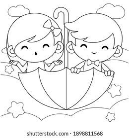 Illustration vector graphic of coloring book for kids. Boy And Girl Riding Flying Umbrella. Good to use for children coloring book.