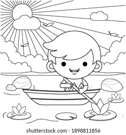 Illustration vector graphic of coloring book for kids. Cartoon Cute Little Boy Riding On Boat At River. Good to use for children coloring book.