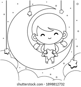 Illustration vector graphic of coloring book for kids. Cartoon Cute Little Girl Sitting On The Moon And Holding Stars In Her Lap. Good to use for children coloring book.
