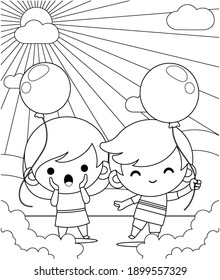 Illustration vector graphic of coloring book for kids. Happy Cute Little Kids Playing Balloon In the Garden Cartoon. Good to use for children coloring book.