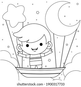 Illustration vector graphic of coloring book for kids. Cartoon Cute Little Boy Riding On Flying Boat At Night Vector. Good to use for children coloring book.