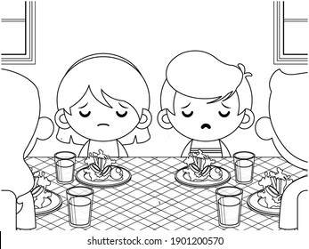Illustration vector graphic of coloring book for kids. Cute Kids Not Want To Eat Vegetables And They Parents Tries To Persuade Them. Good to use for children coloring book.