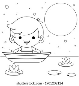 Illustration vector graphic of coloring book for kids. Cute Little Boy On A Boat At Night. Good to use for children coloring book.