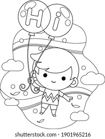 Ilustración vectorial de libro de colorear para niños. Felíz Niño Pequeño Volando Con Globos En El Cielo. Es bueno para los niños coloreando el libro.