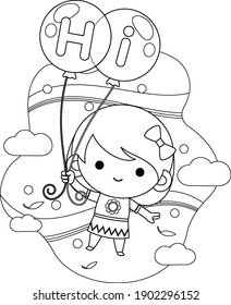 Illustration vector graphic of coloring book for kids. Happy Cute Little Girl Flying With Balloons In The Sky. Good to use for children coloring book.