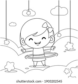 Illustration vector graphic of coloring book for kids. Cute Little Girl Playing Hula Hoop On Cloud. Good to use for children coloring book