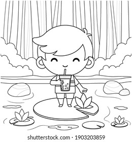 Illustration vector graphic of coloring book for kids. Cartoon Cute Little Boy Standing On Lotus, Drink Bubble Tea Or Pearl Tea Vector. Good to use for children coloring book.