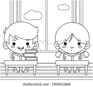 Illustration vector graphic of coloring book for kids. Cartoon Illustration Students Reading Books In Library. Good to use for children coloring book.