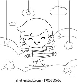 Illustration vector graphic of coloring book for kids. Cute Little Boy Playing Hula Hoop On Cloud, Good to use for children coloring book