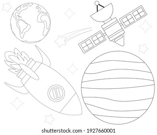 Illustration vector graphic coloring book of rocket and satellite are on mars