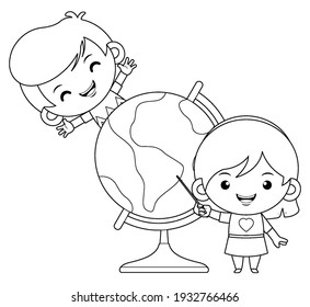 Illustration vector graphic of coloring book for kids. Cartoon Smiley Boy Pointing and Girl Learning With The World Globe. Good to use for children coloring book.