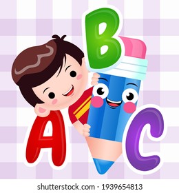 Ilustración vectorial de libro de colorear para niños. Caricatura Niño Cuto Sostengo Lápiz Con Alfabeto. Es bueno para los niños coloreando el libro.