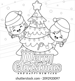 Illustration vector graphic of coloring book for kids. Cute Children Celebrating Christmas. Good to use for children coloring book or page.