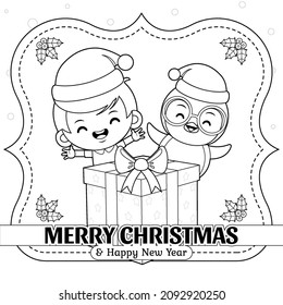 Ilustración vectorial gráfica del libro de colorear para niños. Niño Y Pingüino Con Cajón De Regalos De Navidad Que Celebra Navidad Y Año Nuevo. Es bueno para niños coloreando libros o páginas.