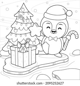 Illustration vector graphic of coloring book for kids. Happy Cute Penguin Celebrating Christmas And New Year On Iceberg. Good to use for children coloring book or page.