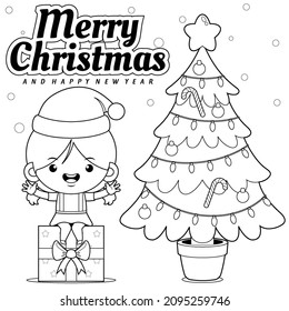 Illustration vector graphic of coloring book for kids. Girl Sitting On Gift Box Celebrating Christmas And New Year. Good to use for children coloring book or page.