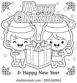 Illustration vector graphic of coloring book for kids. Cute Kids Holding Christmas Gift. Good to use for children coloring book or page.