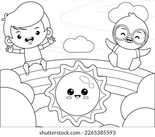 

Illustration vector graphic of coloring book for kids.Cartoon Happy Cute Boy and Penguin Sitting On Rainbow. Perfect for children books cover, children book illustration,game illustrations, etc