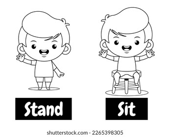 

Illustration vector graphic of coloring book for kids. Cartoon Example Of Opposite Word Antonim Stand And Sit. Perfect for children books cover, children book illustration,game illustrations, etc