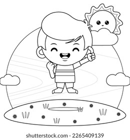 Illustration vector graphic of coloring book for kids. Cute Boy Happy Jump. Perfect for children books cover, children book illustration,game illustrations, game asset,animation,etc