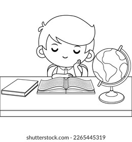 Ilustración vectorial gráfica del libro de colorear para niños. Un Muchacho Agradable Leyendo Un Libro Y Pensando. Portada perfecta para libros infantiles, ilustración de libros para niños, ilustraciones de juegos, activos de juegos, animación, etc