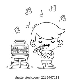 Illustration vector graphic of coloring book for kids. Cute Boy Singing Karaoke Music. Perfect for children books cover, children book illustration,game illustrations, game asset,animation,etc