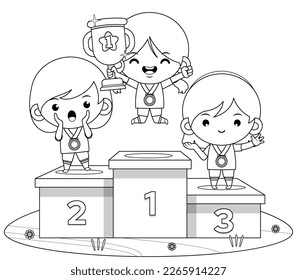 
Illustration vector graphic of coloring book for kids. Cute Girl Athletes As Sport Competition Winners Standing On Podium. Perfect for children books cover, children book illustration,etc