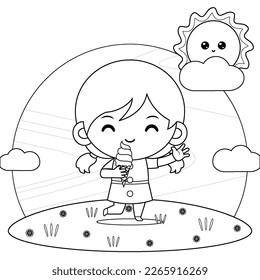 Illustration vector graphic of coloring book for kids. Cute Girl Eat Ice Cream. Perfect for children books cover, children book illustration,game illustrations, game asset,animation,etc
