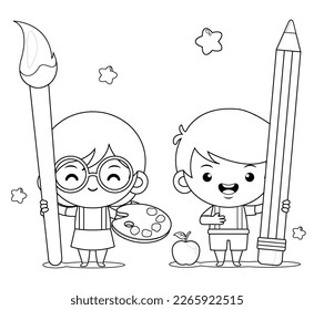 

Illustration vector graphic of coloring book for kids. Cute Girl Holding Big Painting Brush and Boy Holding Big Pencil. Perfect for children books cover, children book illustration,etc