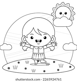 

Illustration vector graphic of coloring book for kids. Cute Girl Happy Walking Outdoor. Perfect for children books cover, children book illustration,game illustrations, game asset,animation,etc