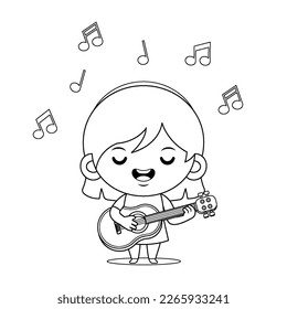 Illustration, Vektorgrafik des Farbbuchs für Kinder. Cute Girl Playing Gitarre. Perfekt für Kinderbücher, Kinderbuchgrafik, Spielillustrationen, Spieleobjekte, Animation usw.