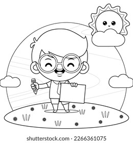 
Illustration vector graphic of coloring book for kids. Cartoon Cute Student Boy Holding Paper And Pencil. Perfect for mascot, children book cover, children book illustrations, wallpaper, kid's brochu